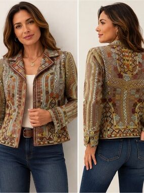 Coldwater Creek Embroidered Jacket P6 Boho Southwestern Cotton Blazer EUC